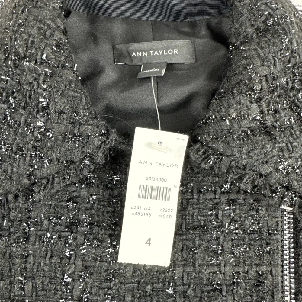 New! Ann Taylor Womens Black Tweed Sparkle Asymmetrical Zip Jacket Size 4